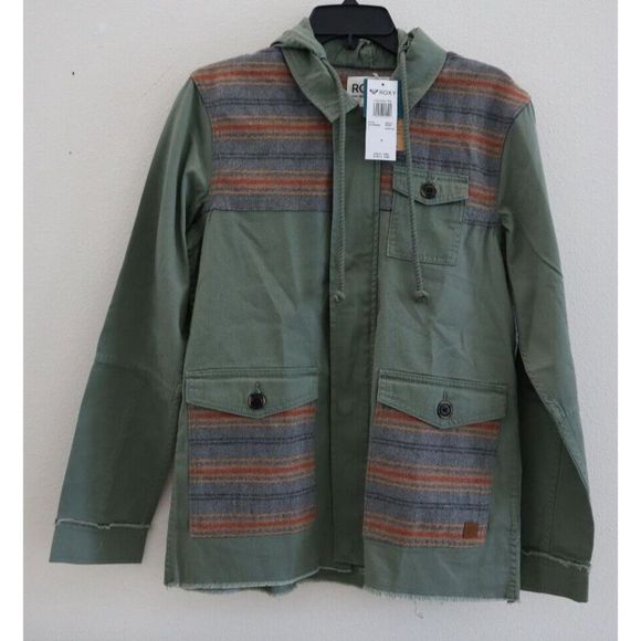 Roxy ARJJK03056 Women's Sz S Green Boho Full Zip Hooded Parka Jacket $80 - Picture 1 of 12
